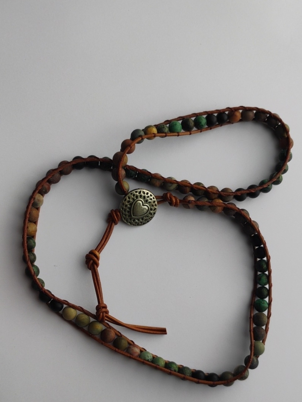Artisan Beaded Leather Multi-Wrap Bracelet - Natural Jasper & Heart Button